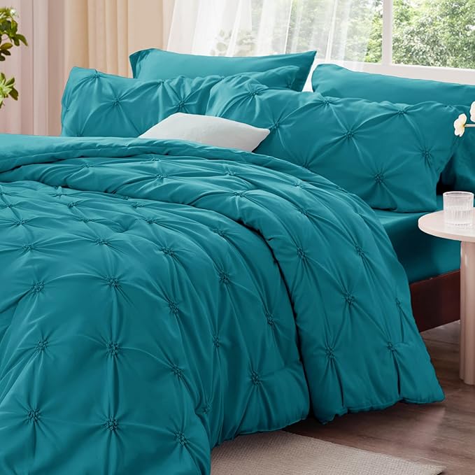 BEDELITE Teal Twin Comforter Set - 2 Peices Boho Pintuck Bedding Comforter Sets, Lightweight Soft & Warm Twin Bedding Sets with 1 Pillowcase for All Season
