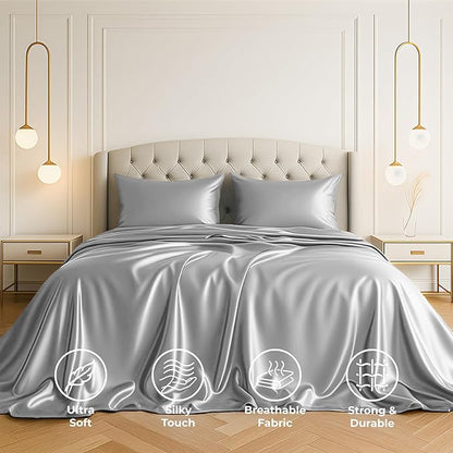 Pure Bedding Satin Sheets Twin [3-Piece, Grey] Hotel Luxury Silky Bed Sheets - Extra Soft 1800 Microfiber Sheet Set, Wrinkle, Fade, Deep Pocket Fitted Sheet, Flat Sheet, Pillow Cases