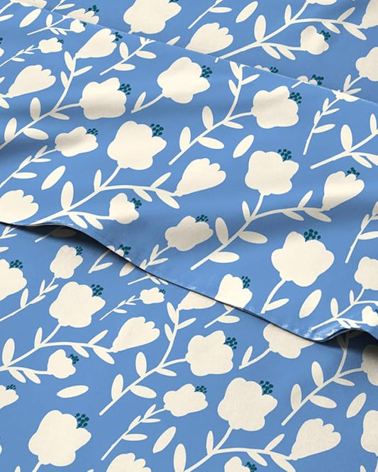 Floral Sheets - Blue & White Bed Sheet Set - 1 Flat, 1 Fitted & 2 Pillowcases w/ Deep Pockets - Comfy, Wrinkle & Fade Free - Boho Botanical Bedding - Soft, Breathable and Cooling - Cal King Size Set