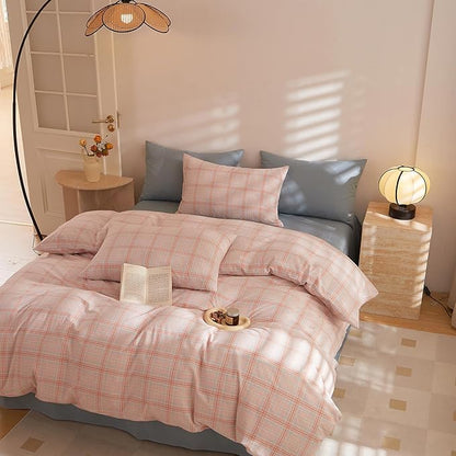 Plaid Queen Size Comforter Sets Down Alternative Washed Cotton Bedding Set Fluffy Cute Super Soft Boho Bedding Comforter Sets Machine Washable Cozy Puffy Chic Bed Comforter with 2 Pillowcases