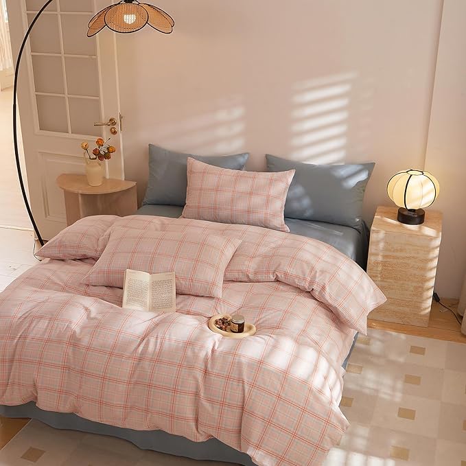 HighBuy Boho Chic Plaid Comforter Set Twin XL Size for Boys Girls Pink Checkered Grid Bedding Luxury Soft Comforter for Kids Bohemian Style Bedding Set Comfy Comforter All Season Cottagecore
