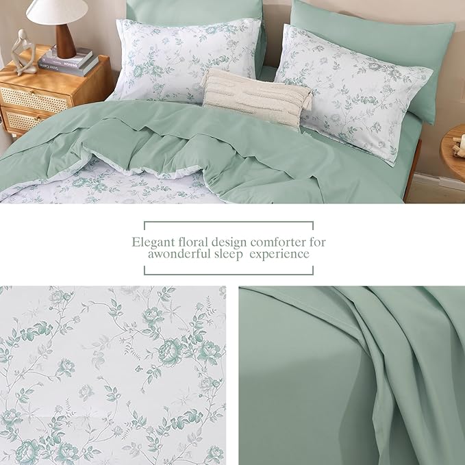 Luxudecor Floral Queen Comforter Set 7 Pieces Bed in a Bag, Green Rose Romantic Flower Bed Set, Soft Reversible Comforter with Sheet Set 90"x90"