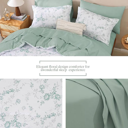 Luxudecor Floral Queen Comforter Set 7 Pieces Bed in a Bag, Green Rose Romantic Flower Bed Set, Soft Reversible Comforter with Sheet Set 90"x90"