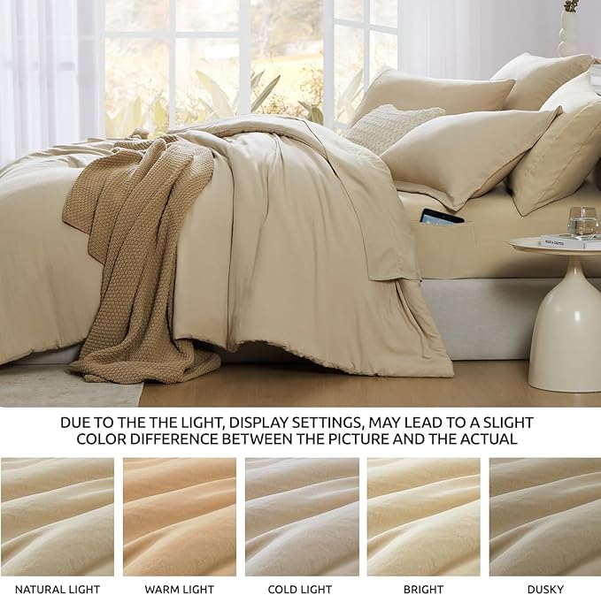WRENSONGE Queen Comforter Set- 7 Pieces Beige Bed in a Bag Queen with Fitted Sheet, Flat Sheet, 2 Pillow Shams, and 2 Pillowcases- Warm Bed Set for All Season