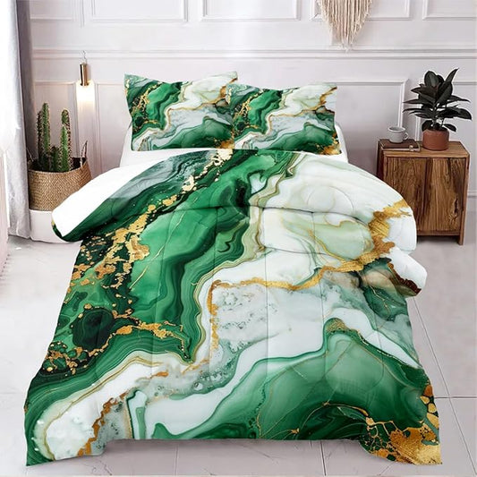 Green Marble Comforter Set King Size,Emerald Green Marble Print Bedding Set,Green White Gold Watercolor Fluid Luxury Bedding Decor Abstract Comforter with 2 Pillowcases