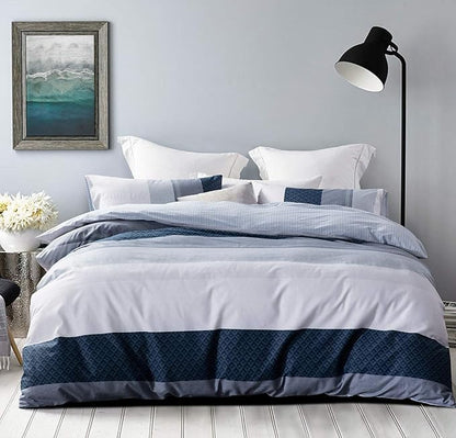Duvet Cover Set, 600 Thread Count Cotton White and Navy Striped Patchwork Comforter Cover Set Reversible Quilt Cover (King, Greekn-Lump)