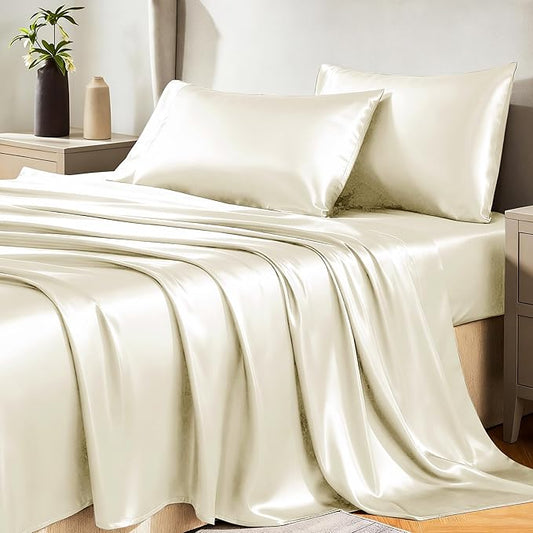 CozyLux Satin Sheets Full Size Sheets - 4 Piece Silky Full Size Bed Sheets, Luxury Cream Full Bed Set with Smooth and Soft Microfiber, Includes 1 Fitted Sheet, 1 Flat Sheet and 2 Pillowcases