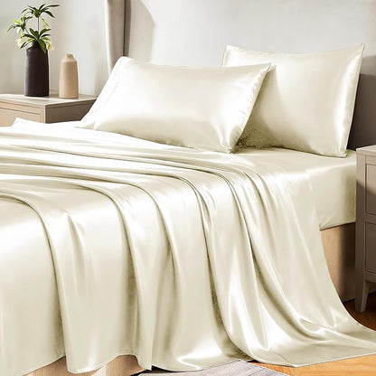 CozyLux Satin Sheets King Size Sheet Set - 4 Piece Silky King Sheets, Luxury Cream King Bed Set with Smooth and Soft Microfiber, Includes 1 Fitted Sheet, 1 Flat Sheet and 2 Pillowcases