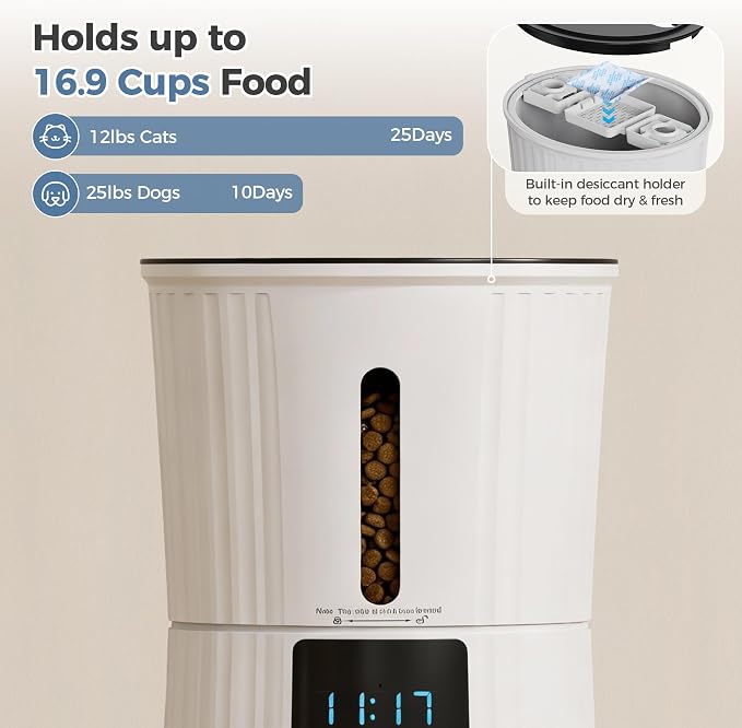 DUMOS 4L Automatic Cat Feeder, Dog Food Dispenser with APP Control, White | 2.4G WiFi, 10s Voice Recorder, Dual Power, Desiccant Bag, Stainless Steel Bowl, Programmable Feeder for Small Cats and Dogs