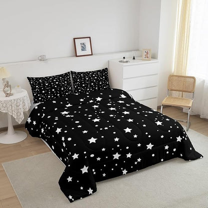 Starry Sky Comforter Set King Size Galaxy Star Bedding Set for Kids Boys Girls, Outer Space Down Comforter, Black and White Geometric Polka Dots Quilt Set Warm Soft Bedroom Decor 2 Pillow Cases
