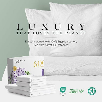 Carressa Linen 100% Egyptian Cotton Full Size Sheets - 600 Thread Count Full Size Egyptian Cotton Sheets (4 PC, Crisp White), Soft, Cooling, 16" Deep Pocket Sateen Weave Luxury Hotel Bed Sheet Set