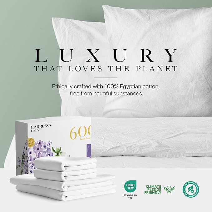 Carressa Linen 100% Egyptian Cotton Queen Sheet Set - 600 Thread Count Egyptian Cotton Queen Sheets Set (4 PC, Crisp White), Ultra Soft, Cooling, 16" Deep Pocket Sateen Weave Luxury Hotel Bed Sheet