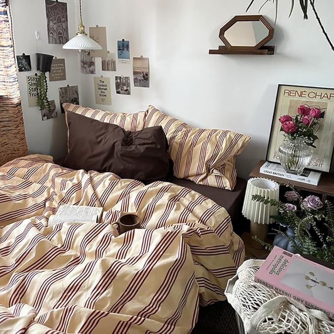 Nayoroom Striped Duvet Cover Queen Size Vintage Brown Striped Duvet Cover 3 Pieces 100% Washed Cotton Soft Breathable Girls Dorm Bedding Set for Hot Sleepers