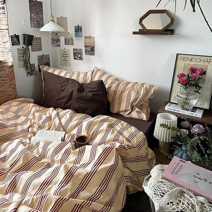 Nayoroom Striped Duvet Cover Queen Size Vintage Brown Striped Duvet Cover 3 Pieces 100% Washed Cotton Soft Breathable Girls Dorm Bedding Set for Hot Sleepers
