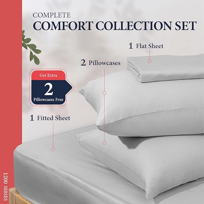 Ashton Sheets 100% Egyptian Cotton King Size Sheets Set - 4 PC Luxury 1200 Thread Count Egyptian Cotton Sheets King Size, Soft, Cooling, Sateen Weave 17" Deep Pocket Bed Set - Light Grey