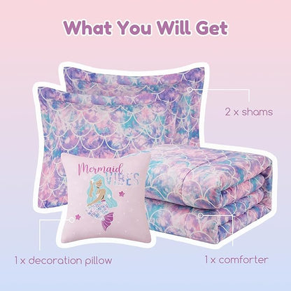 Full Size Comforter Set for Girls-4 Pieces Mermaid Glow in the Dark Full Bedding Sets for Kids, 1 Comforter, 2 Shams and 1 Decor Pillow