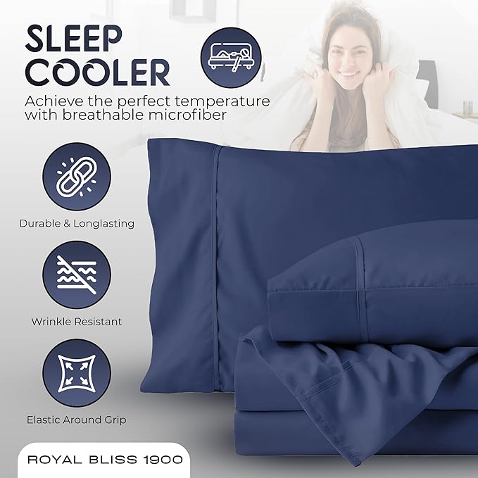 Top Split King Sheets Sets for Adjustable Bed, 4 Pcs Double Brushed Deep Pockets Microfiber Sheets, 34 Inch Split Top Fitted Sheet, 1 King Flat Sheet and 2 Pillowcase - Navy Blue
