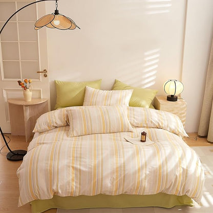 Yellow Striped Twin XL Comforter Set Fluffy Boho Bedding Set Down Alternative Washed Cotton Rustic Soft Bedding Comforter Sets Cozy Cute All Season Bedroom Bed Comforter with 2 Pillowcases