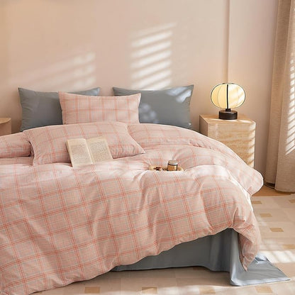 Plaid Queen Size Comforter Sets Down Alternative Washed Cotton Bedding Set Fluffy Cute Super Soft Boho Bedding Comforter Sets Machine Washable Cozy Puffy Chic Bed Comforter with 2 Pillowcases
