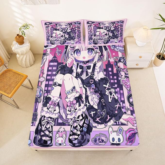 Erosebridal Japanese Uniform Girl Sheets for Boys Girls Anime Gift Fitted Sheet,Kawaii Coquette Kids Bedding Sets Princess Fairytale Bed Sets Full 3 Piece