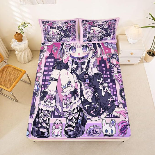 Erosebridal Japanese Uniform Girl Sheets for Boys Girls Anime Gift Fitted Sheet,Kawaii Coquette Kids Bedding Sets Princess Fairytale Bed Sets Queen 3 Piece