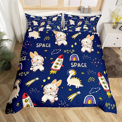 Cute Rabbits Bedding Set Kids Boys Dinosaurs Duvet Cover Set Cartoon Rocket Comforter Cover Set Starry Galaxy Navy Bedspread Cover Bedroom Quilt Cover 2Pcs Twin with 1 Pillowcase,No Comforter