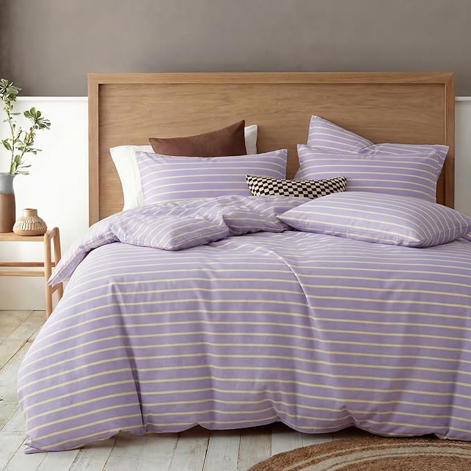 Bedbay Lavender Striped Duvet Cover Set Queen Size, 100% Cotton Sateen Bedding Set, Silky Soft Light & Fresh 3 Piece Duvet Cover for All Seasons