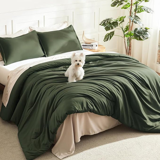 Litanika Comforters Twin XL Size Olive Green, 2 Pieces Lightweight Solid Bedding Set & Collections, All Season Fluffy Bed Set (68x92 Inches Comforter & 1 Pillowcase)