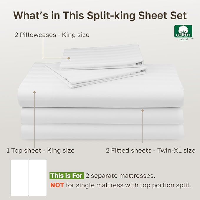 Luxury Split King Sheets Set For Adjustable Bed, 100% Cotton 500 Thread Count Sateen, Snug Fit, Set with Twin-XL Fitted Sheets, Damask Stripe Bedsheets (Split King, Stripe - White)