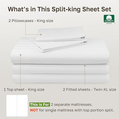 Luxury Split King Sheets Set For Adjustable Bed, 100% Cotton 500 Thread Count Sateen, Snug Fit, Set with Twin-XL Fitted Sheets, Damask Stripe Bedsheets (Split King, Stripe - White)