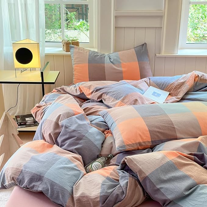 FACE TWO FACE Bedding Duvet Cover Set100% Washed Cotton Duvet Cover Linen Like Textured Breathable Durable Soft Comfy (Queen, Cookie Powder Grid)