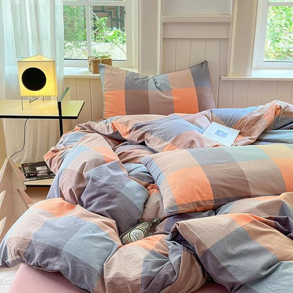 FACE TWO FACE Bedding Duvet Cover Set100% Washed Cotton Duvet Cover Linen Like Textured Breathable Durable Soft Comfy (Queen, Cookie Powder Grid)