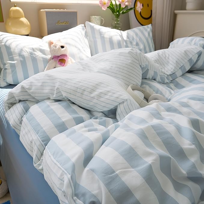 EAVD Retro Blue and White Striped Duvet Cover Set Queen Soft Washed Microfiber Reversible Vertical Striped Percale Bedding Set with 2 Pillowcases Farmhouse Geometric Duvet Cover with Zipper Closure