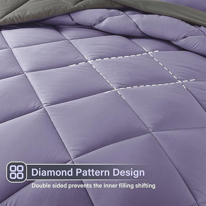 Cosybay Bed in a Bag King Reversible Comforter Sets 7pcs All Season Down Alternative Bedding Sets Lavender and Grey with Comforter, Pillow Shams, Flat Sheet, Fitted Sheet and Pillowcase
