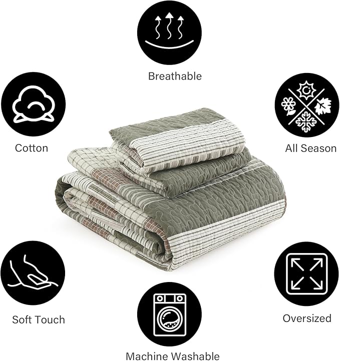 PANGUSHAN 100% Cotton Quilt Set Queen Size, Patchwork Queen Quilt Bedding Set Bedspreads, Farmhouse Lightweight Comforter Reversible Quilt, Queen Bed Spread for All Season, Green/Brown/Cream
