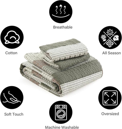 PANGUSHAN 100% Cotton Quilt Set Queen Size, Patchwork Queen Quilt Bedding Set Bedspreads, Farmhouse Lightweight Comforter Reversible Quilt, Queen Bed Spread for All Season, Green/Brown/Cream
