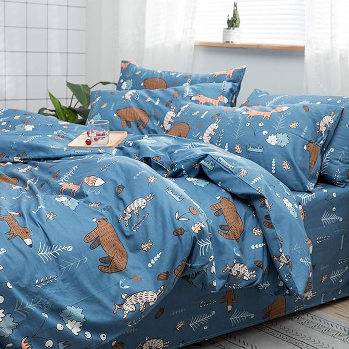 CLOTHKNOW Kids Queen Comforter Set Blue Animal Bedding Comforter Sets Soft Cartoon Forest Fox Rabbit Comforter with 2 x Pillow Cases