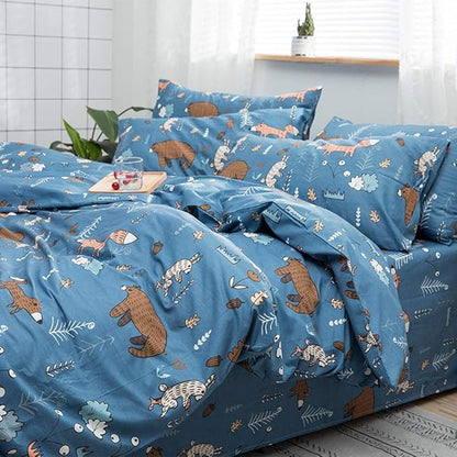 CLOTHKNOW Kids Queen Comforter Set Blue Animal Bedding Comforter Sets Soft Cartoon Forest Fox Rabbit Comforter with 2 x Pillow Cases
