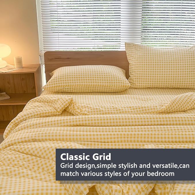 NSNLGSGC Queen Comforter Set, Yellow Gingham Bedding Comforter Sets, Yellow Grid Bed Comforter 3 Pieces (1 Comforter, 2 Pillowcases)