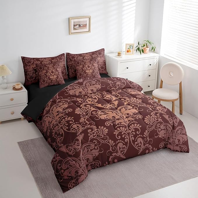 Erosebridal Gothic Damask Bed in a Bag King Size Comforter Set 7 Pieces,Butterfly Skull Bedding Sets Brown Victorian Floral Goth Sheet Set with Comforter
