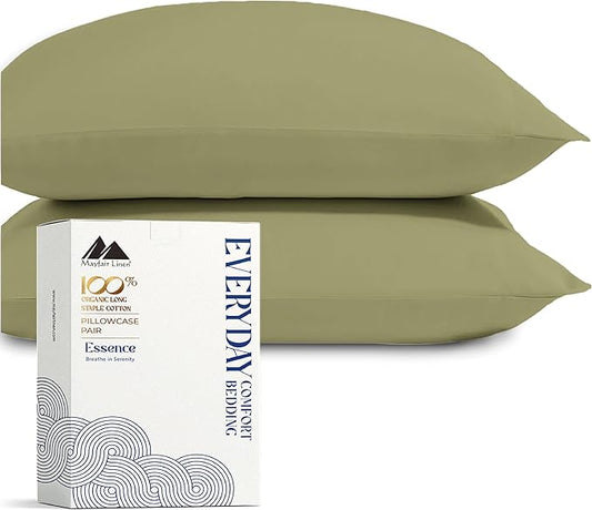 Mayfair Linen 100% Organic Cotton King Size Pillow Cases Set of 2 - Soft Hotel Quality Covers for King Size Pillows (Sage Green), Authentic GOTS Certified, Crisp, Cooling Percale Cotton Pillowcases