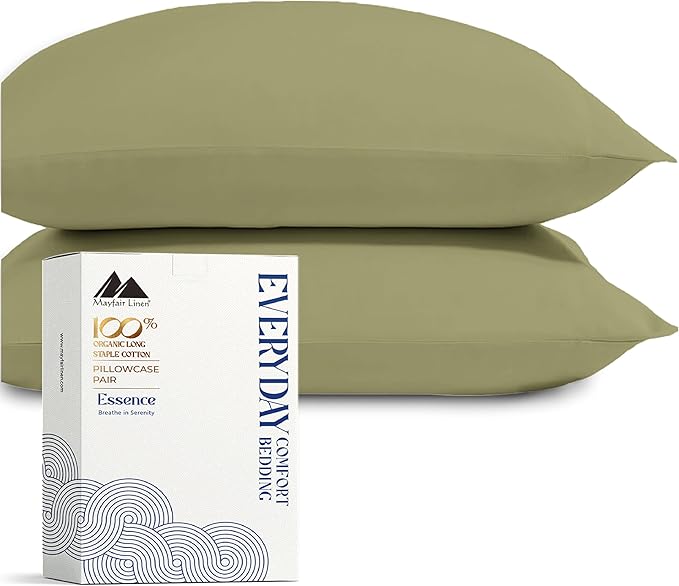 Mayfair Linen 100% Organic Cotton Percale Pillow Cases Queen/Standard Size Set of 2 - Percale Pillowcovers Standard/Queen (Sage Green), Soft Cooling Pillow Case for Sleeping, Cotton Pillowcases