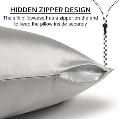 Ravmix Silk Pillow Cases with Zipper, 21momme Mulberry Silk Pillowcase for Hair Skin Health, Soft Smooth Breathable Cool Pillow Cover for Beauty Sleep with Gift Box 1PC(King 20"x36", Apricot Gray)