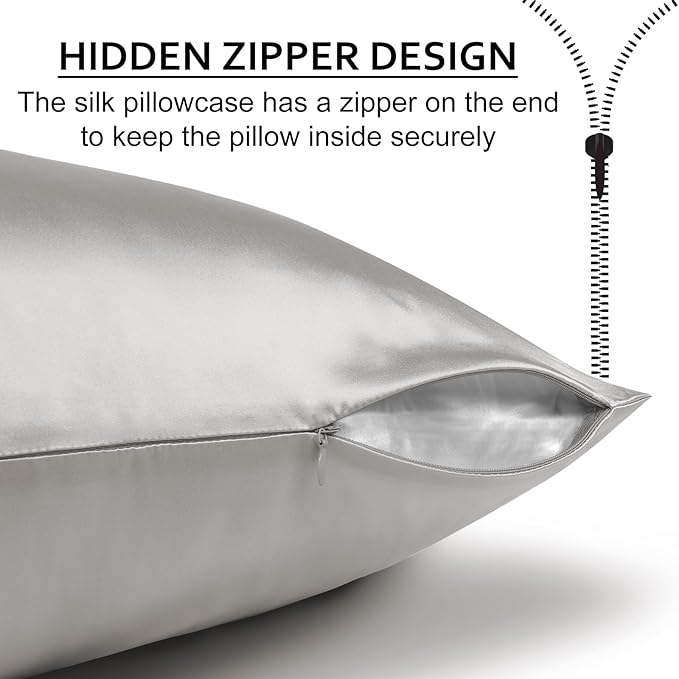 Ravmix Silk Pillow Cases with Zipper, 21momme Mulberry Silk Pillowcase for Hair Skin Health, Soft Smooth Breathable Cool Pillow Cover for Beauty Sleep with Gift Box(Standard 20"x26", Apricot Gray) 1PC