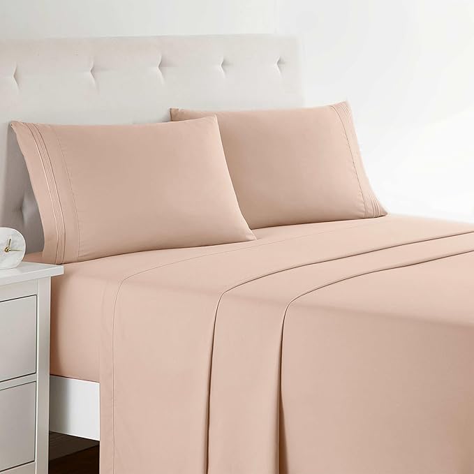 Clara Clark Bed Sheets, Premier 1800 Series 4 Piece Bed Sheet Set, Deep Pocket, Wrinkle, Fade, Stain Resistant, Luxury Soft Bedding Sheets & Pillowcases, Split King, Peach