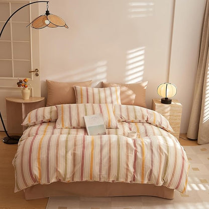 MKXI Striped Duvet Cover Set 100% Washed Cotton, 3-Piece Colorful Autumn Vibe Bedding Set with Zipper & Ties, Stripes Pattern Comforter Cover for Teens, Adults, Dorms & Bedrooms (Twin XL Size)