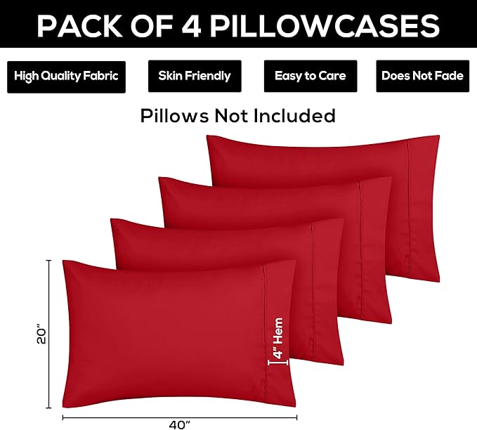 Utopia Bedding Queen Pillow Cases - 4 Pack - Envelope Closure - Soft Brushed Microfiber Fabric - Shrinkage and Fade Resistant Pillow Covers Queen Size 20 X 30 Inches (Queen, Red)