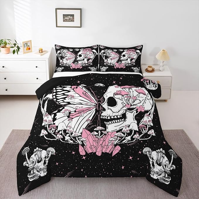 Butterfly Skull Comforter Set Twin Size Pink Mushroom Quilted Duvet Gothic Starry Galaxy Moon Bedding Set 2pcs for Kids Teens Girls Boys Bedroom Decor Trippy Plants Duvet Insert,1 Pillowcase