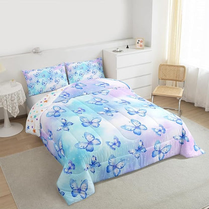 Erosebridal Pink Blue Butterfly Bedding King,Watercolor 3D Printed Comforter Set Purple Colorful Rainbow Bed Sets Fantasy Dreamy Princess Duvet Insert 3 Pieces