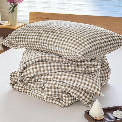 NSNLGSGC Comforter Set King Size, Tan Gingham Bedding Comforter Sets, Brown Grid Bed Comforter 3 Pieces (1 Comforter, 2 Pillowcases)